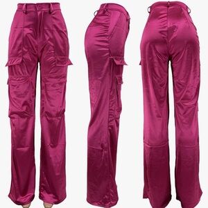 NWT, SDNGED Women High Waisted Satin Cargo Pants, Pink, M